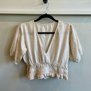 Linen Elegant Cream V-Neck Blouse